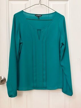 Express Teal Pleated V-Notch Long Sleeve Blouse